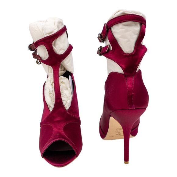 Leon Max Red Bordeaux Dual Ankle Strap Pika Peep Toe Leather Stiletto Heels 8.5 - Picture 9 of 16